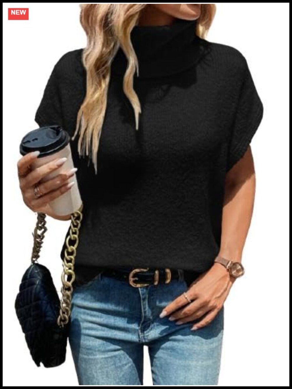 Women's Turtleneck Cap Sleeve Sweater Vest Pullover Oversized Knit Top